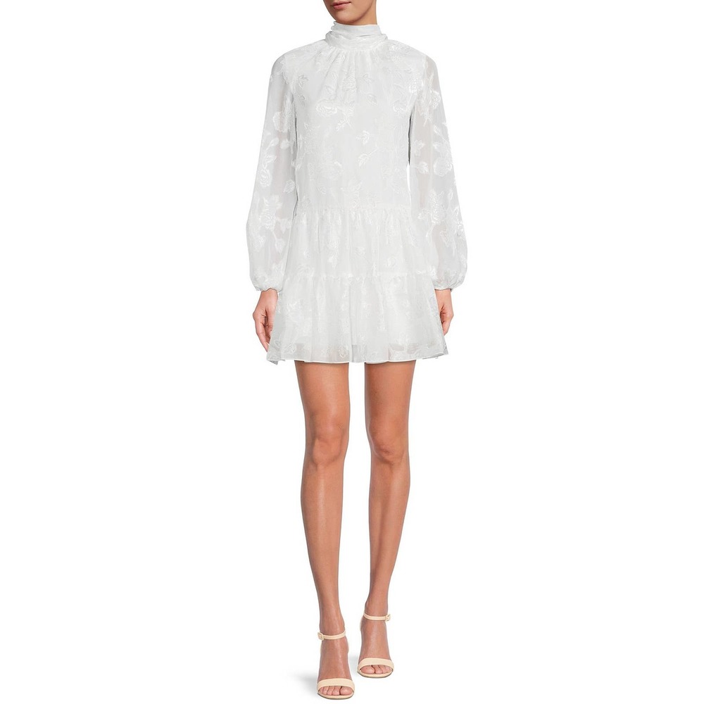 Belle Badgley Mischka Mock Neck Puff Sleeve Ansley Floral Print Tiered Dress NWT